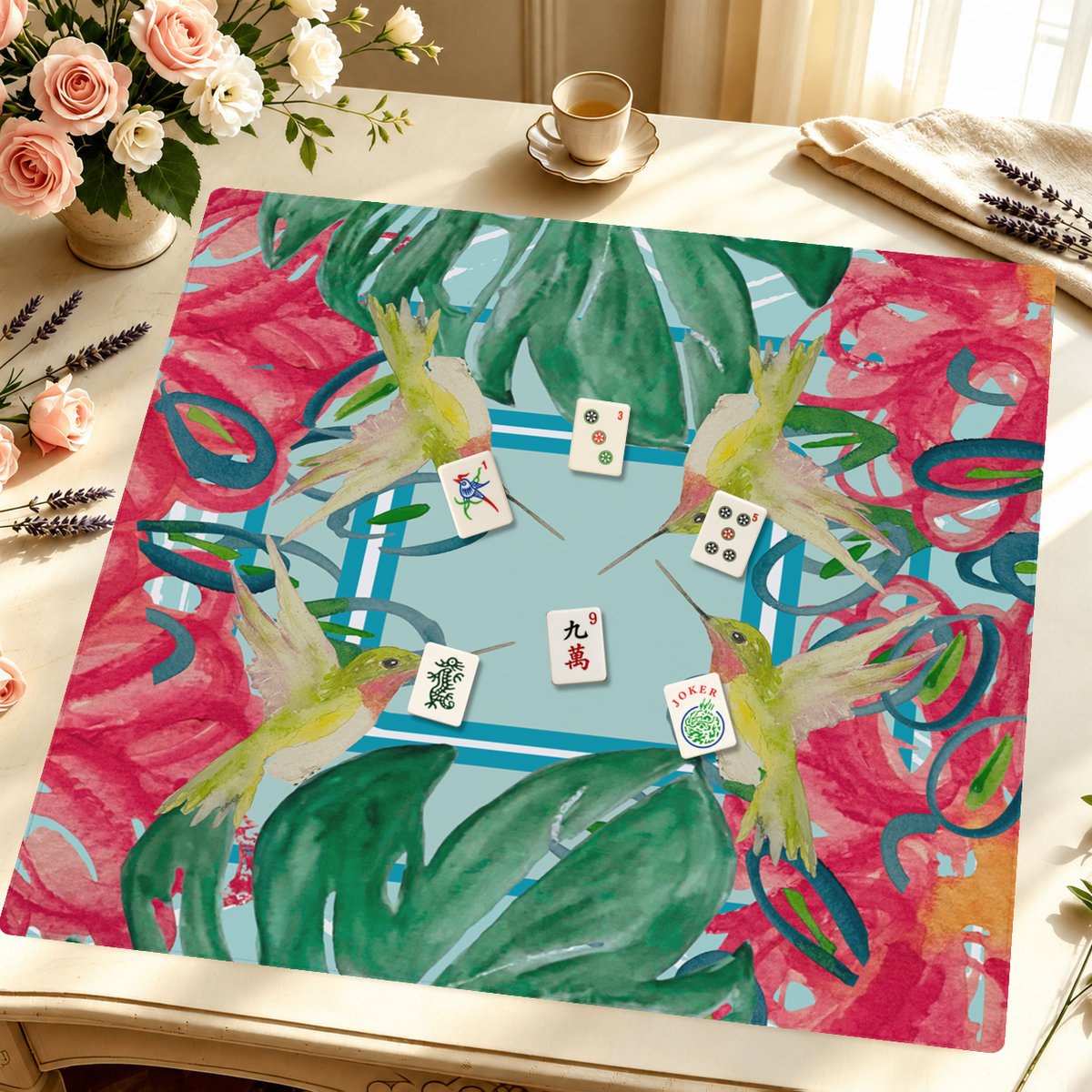 Hummingbird Haven mahjong mat — Styled Tile Table