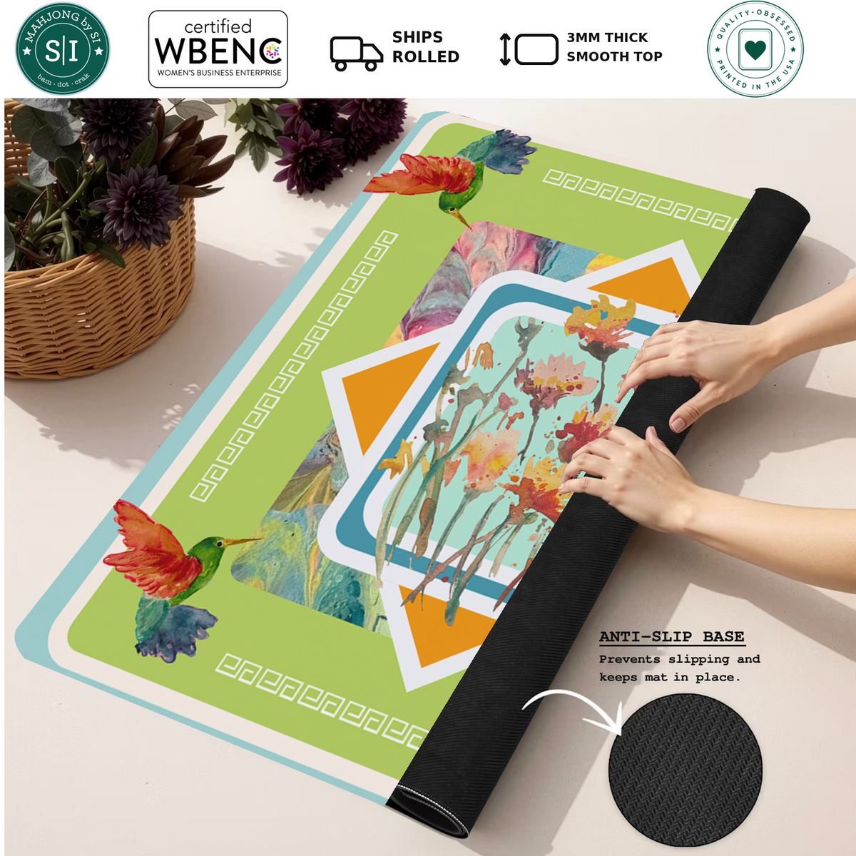 Hummingbird Hullabaloo mahjong mat — Rolled Mat Feature Image
