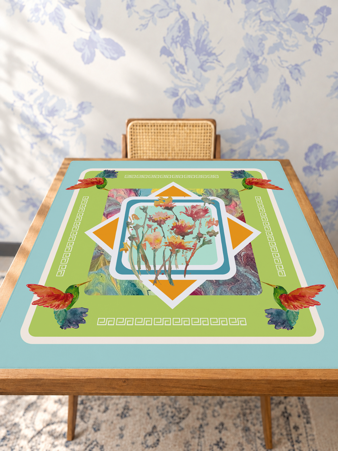 Hummingbird Hullabaloo mahjong mat — Studio Table Angle