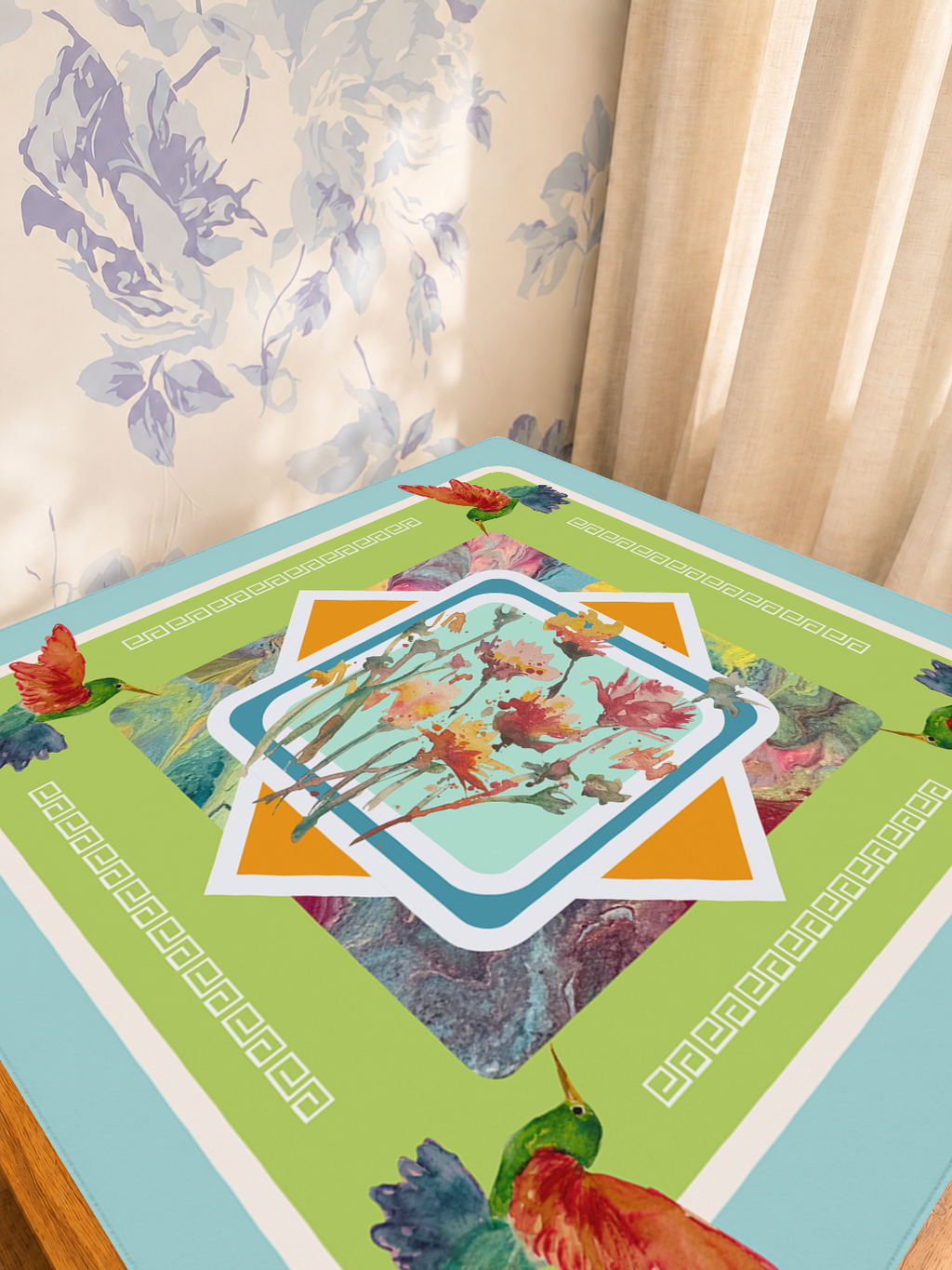 Hummingbird Hullabaloo mahjong mat — Sunlit Detail