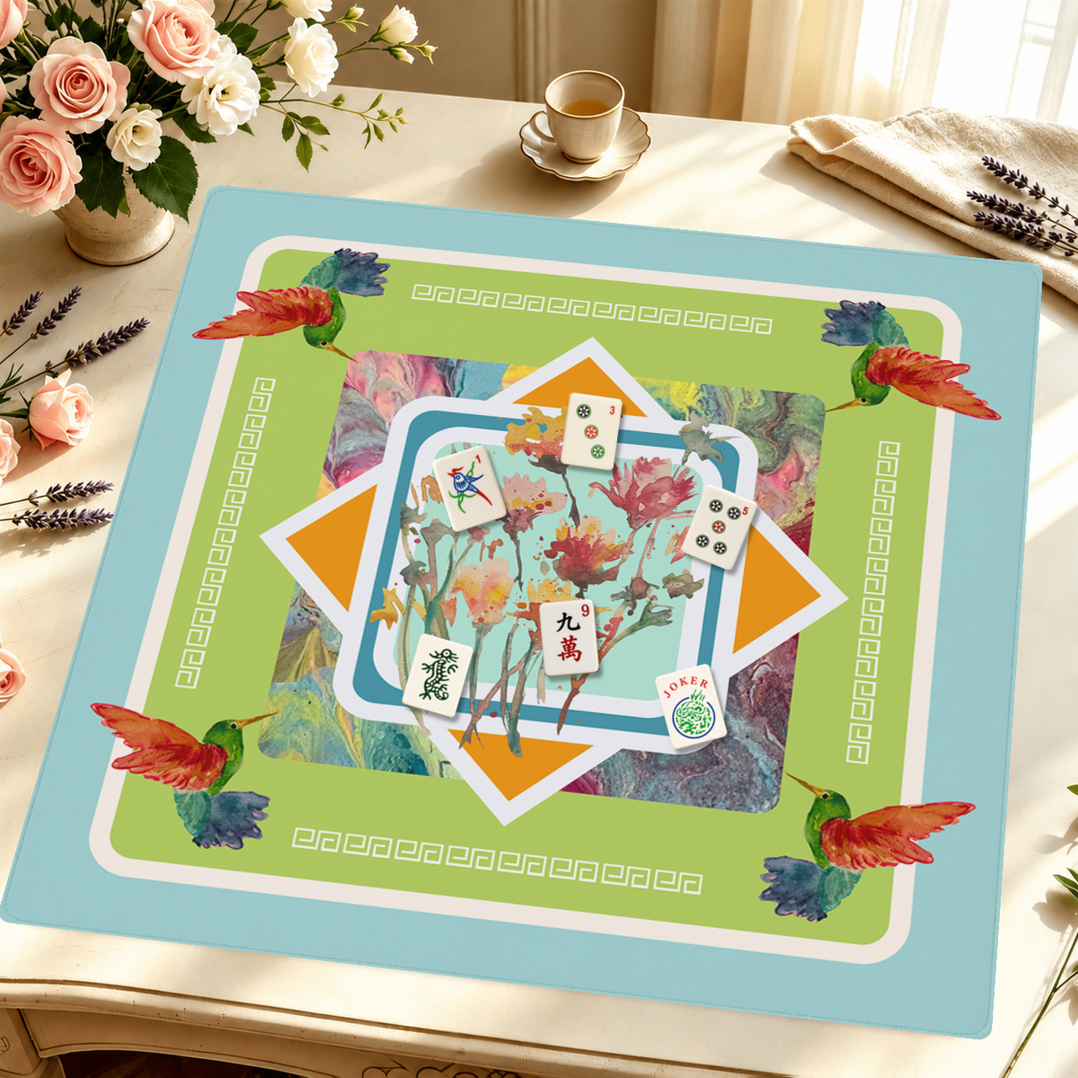 Hummingbird Hullabaloo mahjong mat — Styled Tile Table