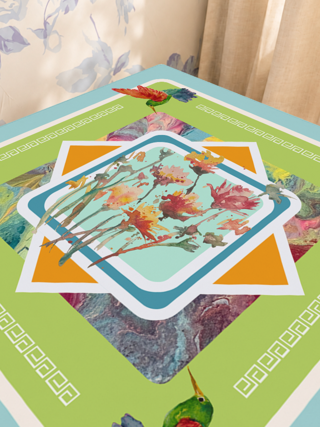 Hummingbird Hullabaloo mahjong mat — Sunlit Close-up