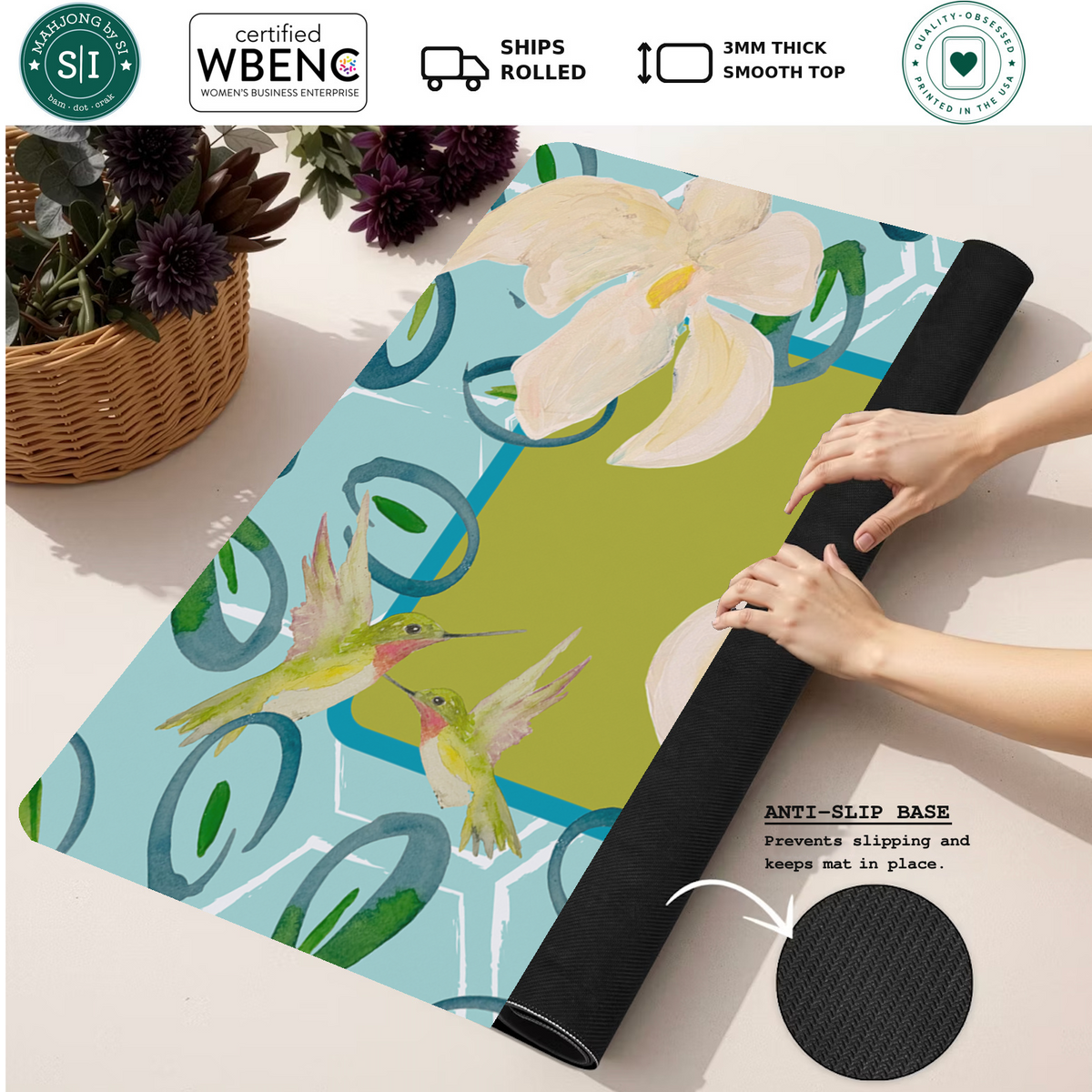 Hummingbird Hustle mahjong mat — Rolled Mat Feature Image