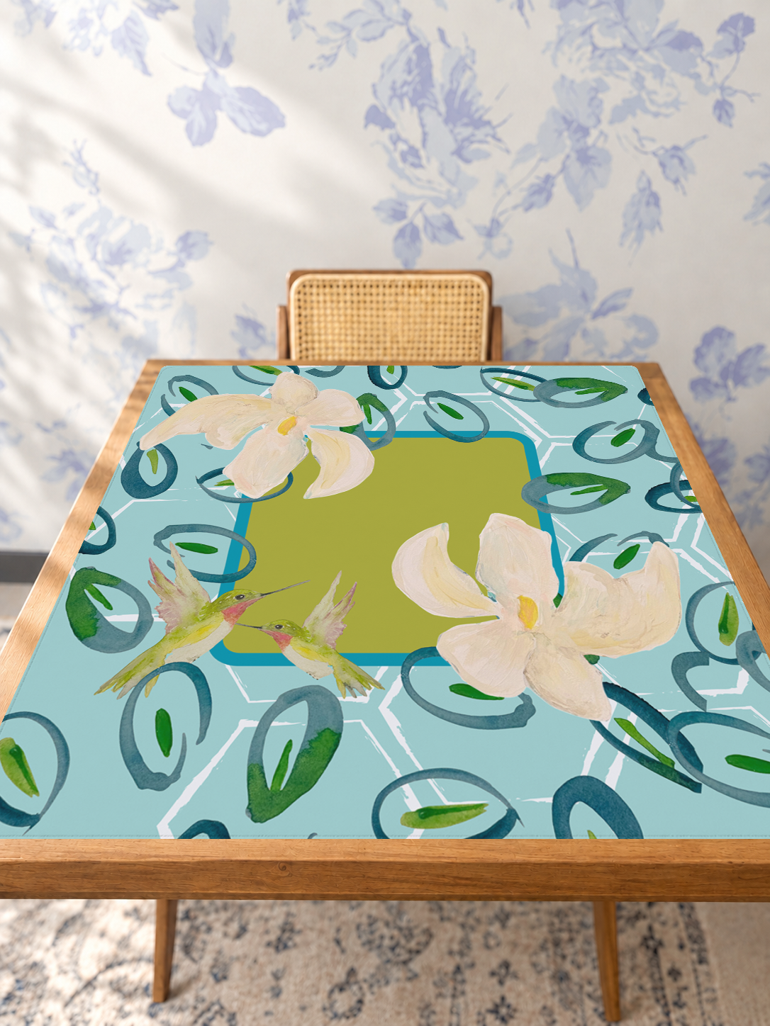 Hummingbird Hustle mahjong mat — Studio Table Angle