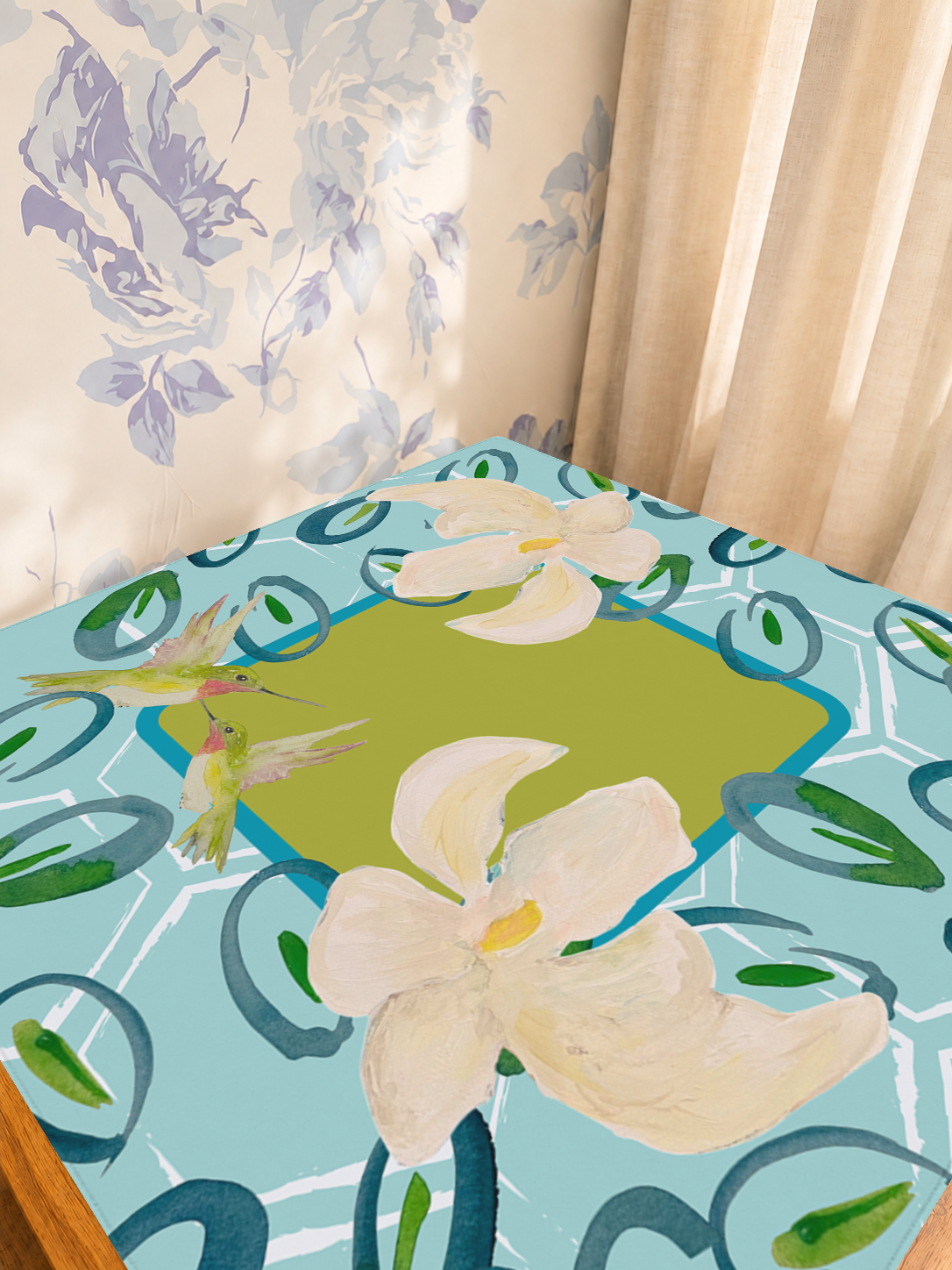 Hummingbird Hustle mahjong mat — Sunlit Detail