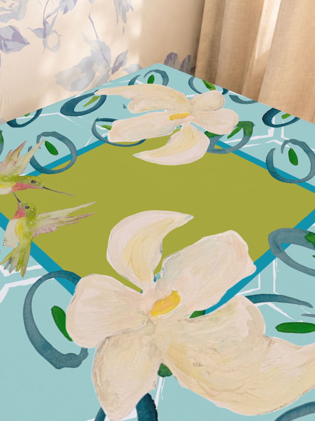 Hummingbird Hustle mahjong mat — Sunlit Close-up