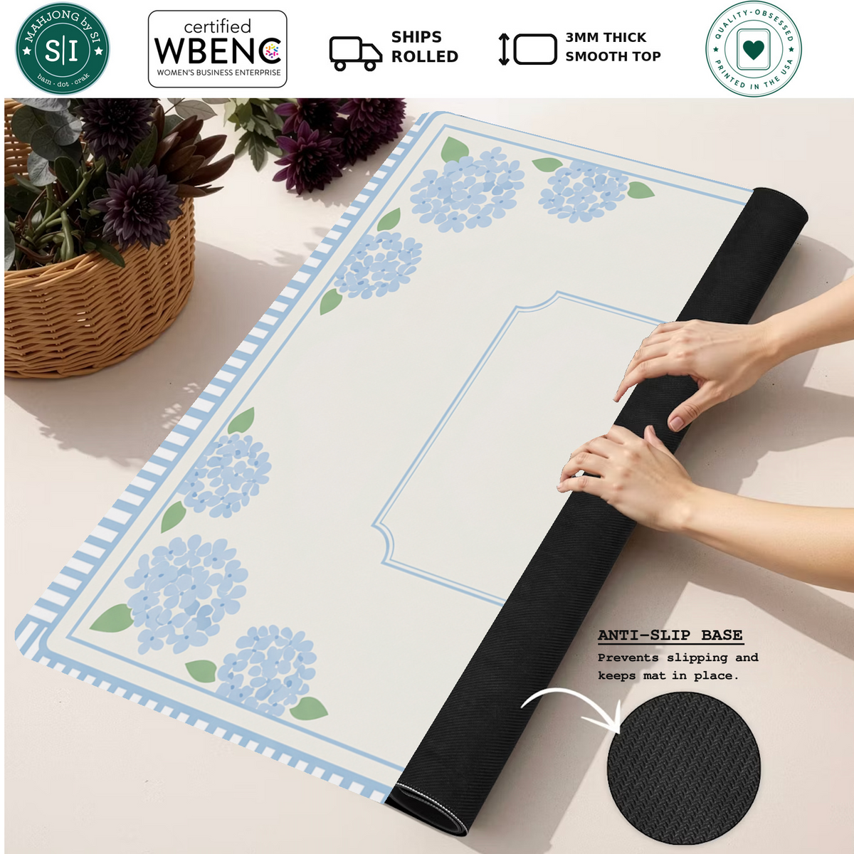 Hydrangea Heaven mahjong mat — Rolled Mat Feature Image