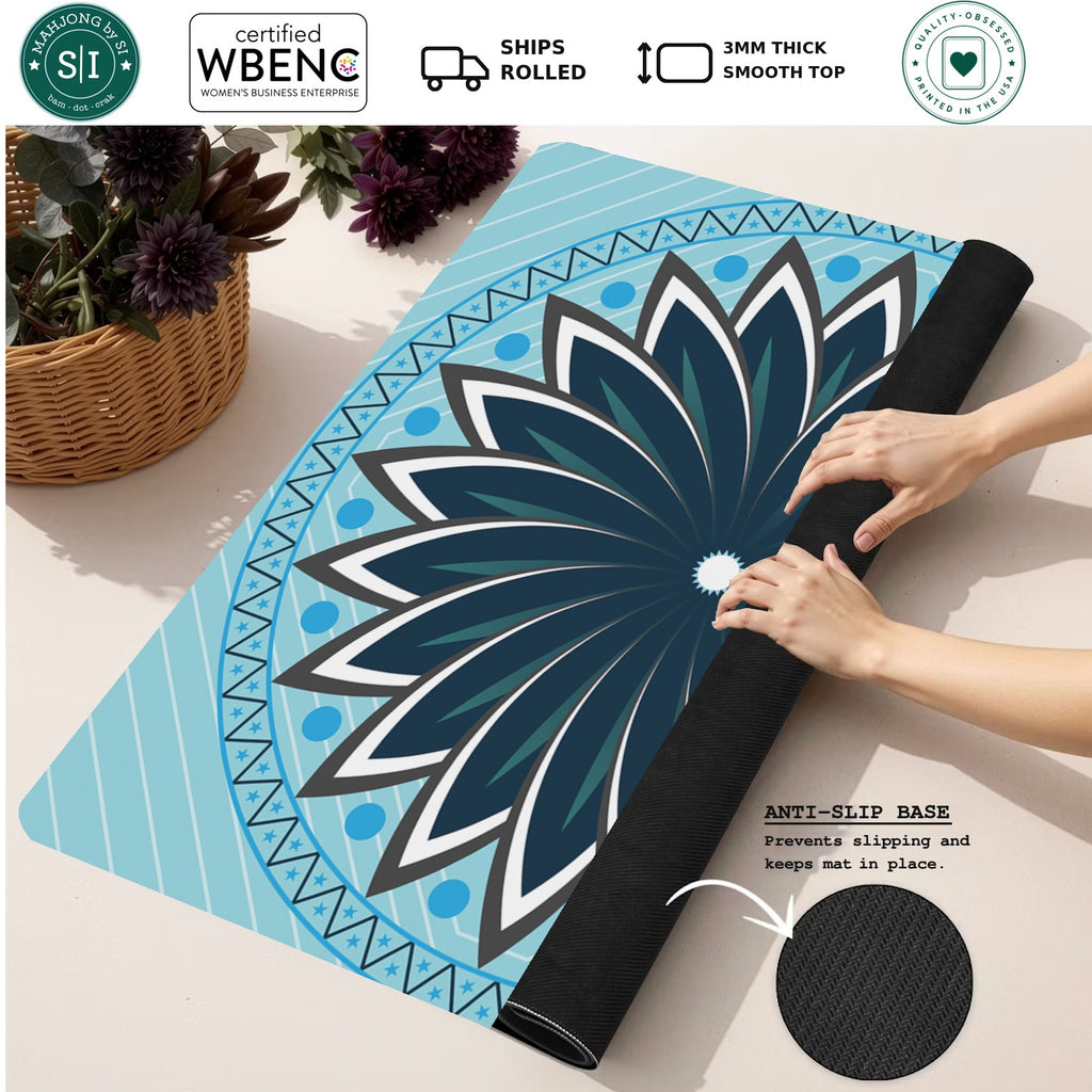Mahjong by SI™ Knowledge is Flower | Blue Mahjong Mat — Rolled Mat Feature Image [rolled-feature-square]