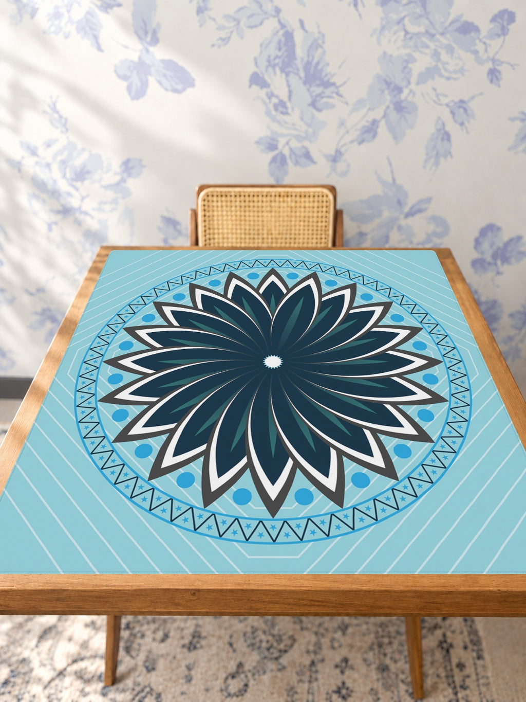 Mahjong by SI™ Knowledge is Flower | Blue Mahjong Mat — Studio Table Angle [studio-angle-square]