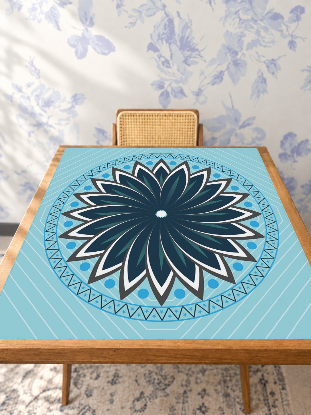 Mahjong by SI™ Knowledge is Flower | Blue Mahjong Mat — Studio Table Angle [studio-angle-square]