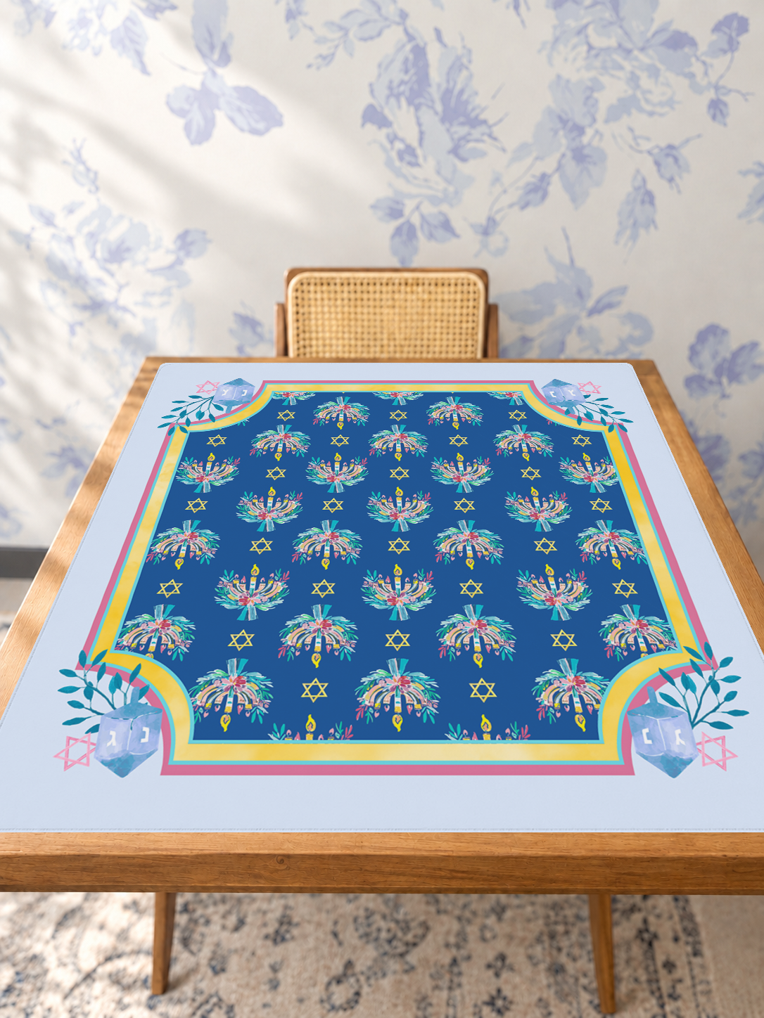 Come Light the Menorah mahjong mat — Studio Table Angle