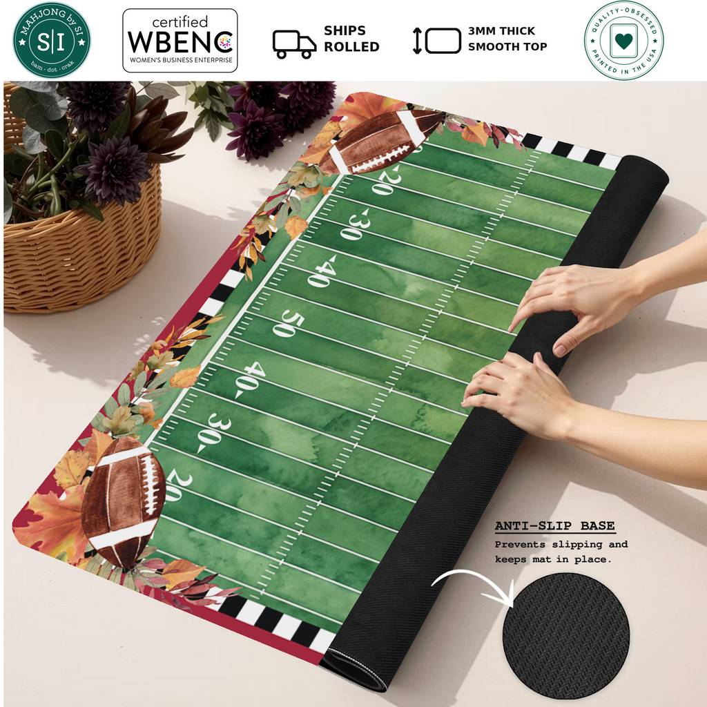 Crimson Kickoff mahjong mat — Rolled Mat Feature Image
