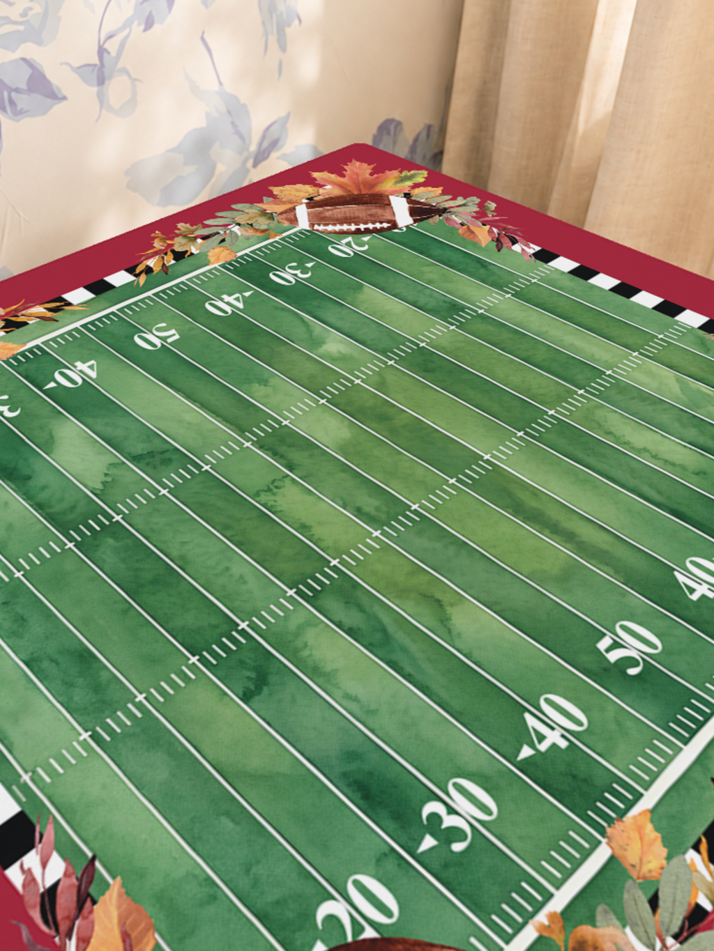 Crimson Kickoff mahjong mat — Sunlit Close-up