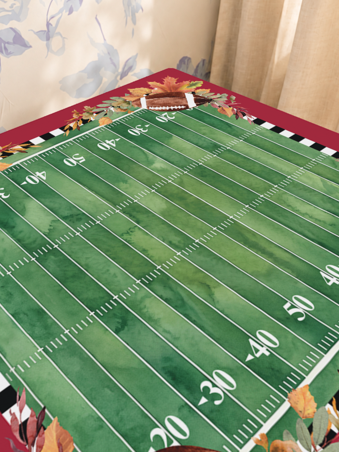 Crimson Kickoff mahjong mat — Sunlit Close-up