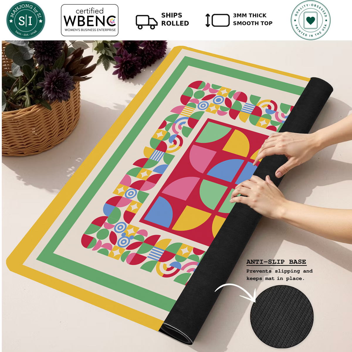 Geometric Jamboree mahjong mat — Rolled Mat Feature Image