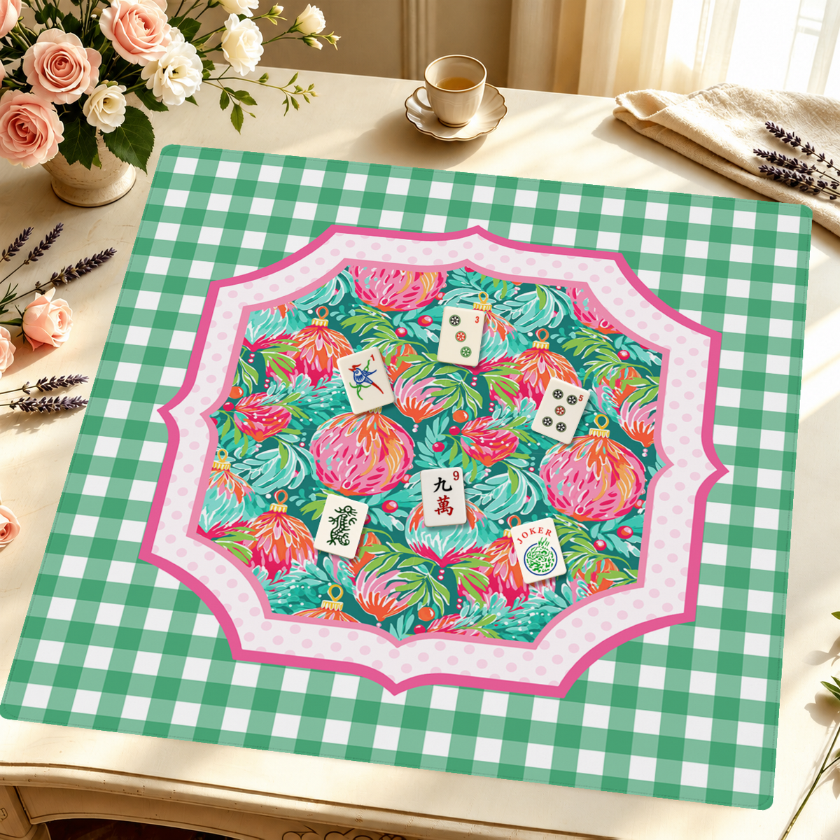 Gingham Jingle mahjong mat — Styled Tile Table