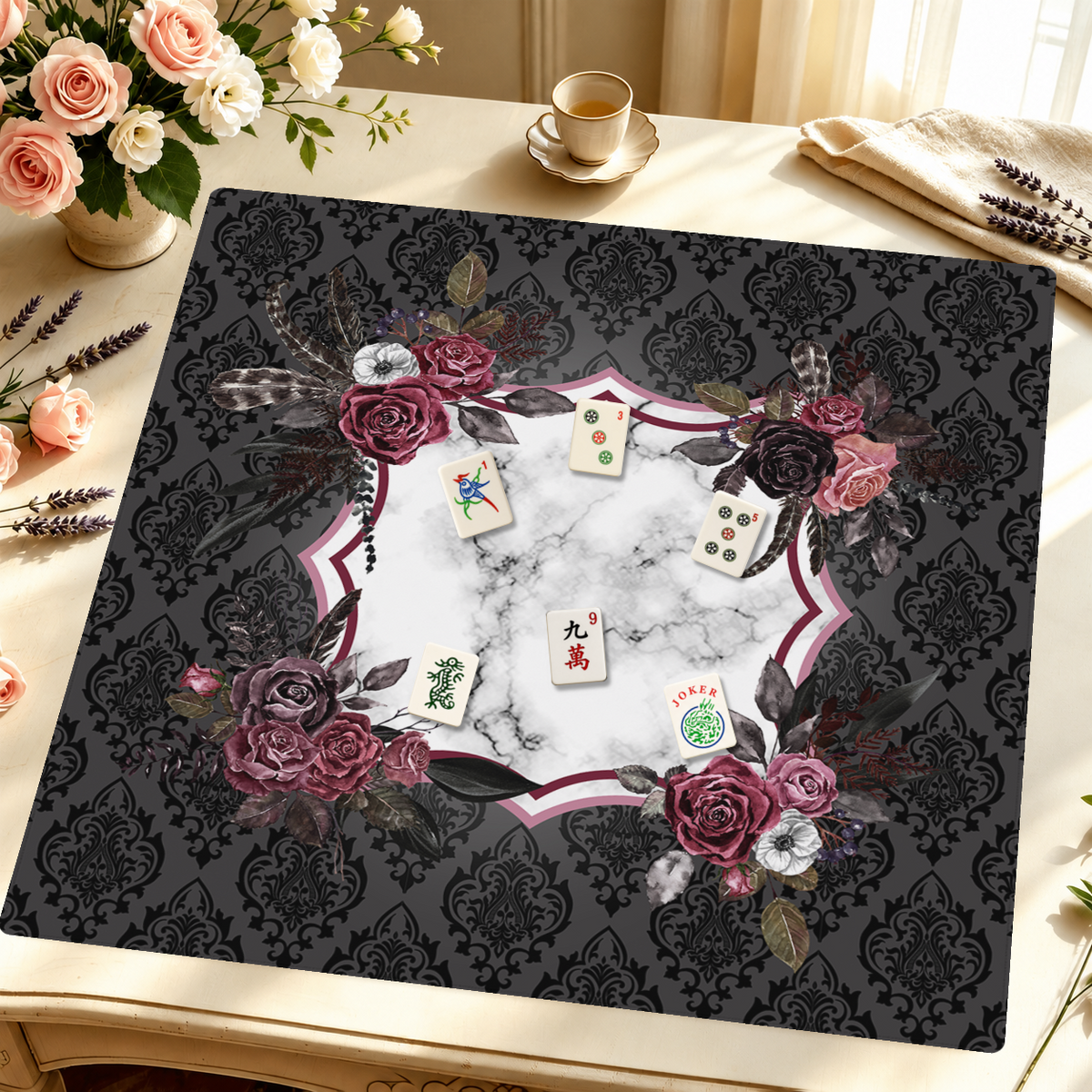 Gothic Rosette Noir mahjong mat — Styled Tile Table