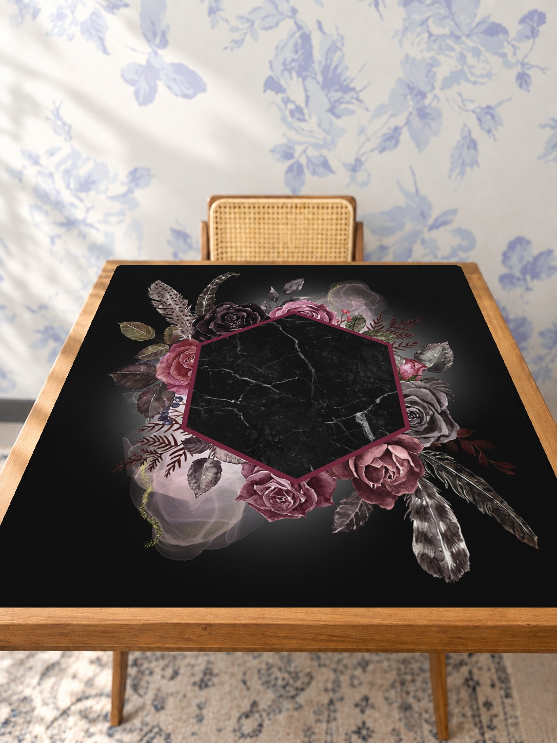 Mahjong by SI™ Marble Noir Romance Mahjong Mat — Studio Table Angle [studio-angle-square]