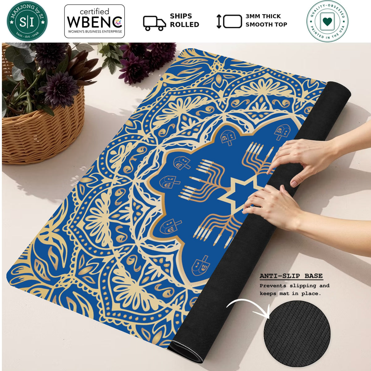 Mahjong by SI™ Midnight Menorah Mahjong Mat — Rolled Mat Feature Image [rolled-feature-square]