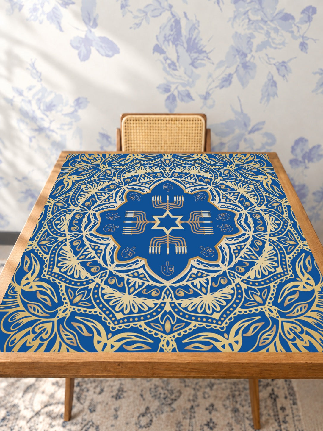 Mahjong by SI™ Midnight Menorah Mahjong Mat — Studio Table Angle [studio-angle-square]