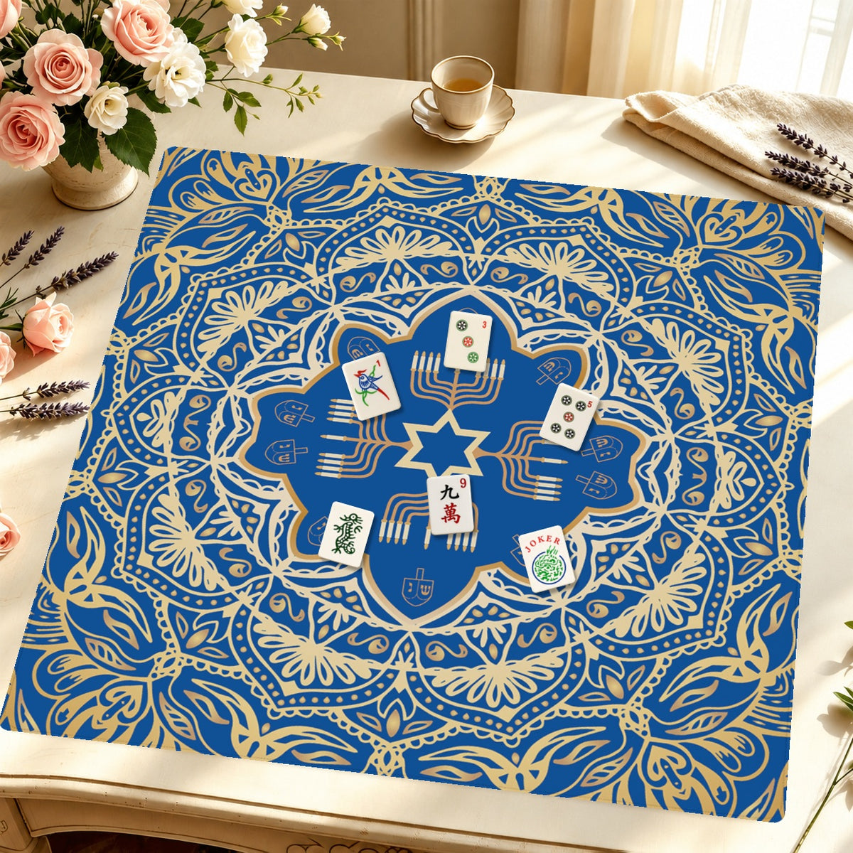 Mahjong by SI™ Midnight Menorah Mahjong Mat — Styled Tile Table [styled-tile-table-square]