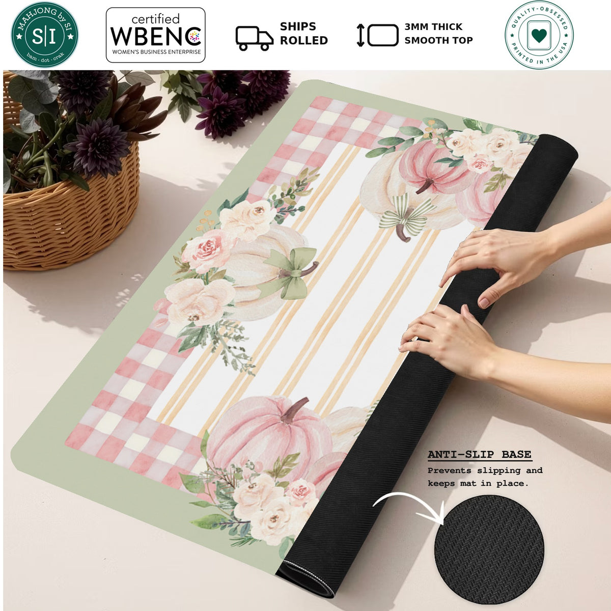 Mahjong by SI™ Pretty Pumpkin Mahjong Mat — Rolled Mat Feature Image [rolled-feature-square]