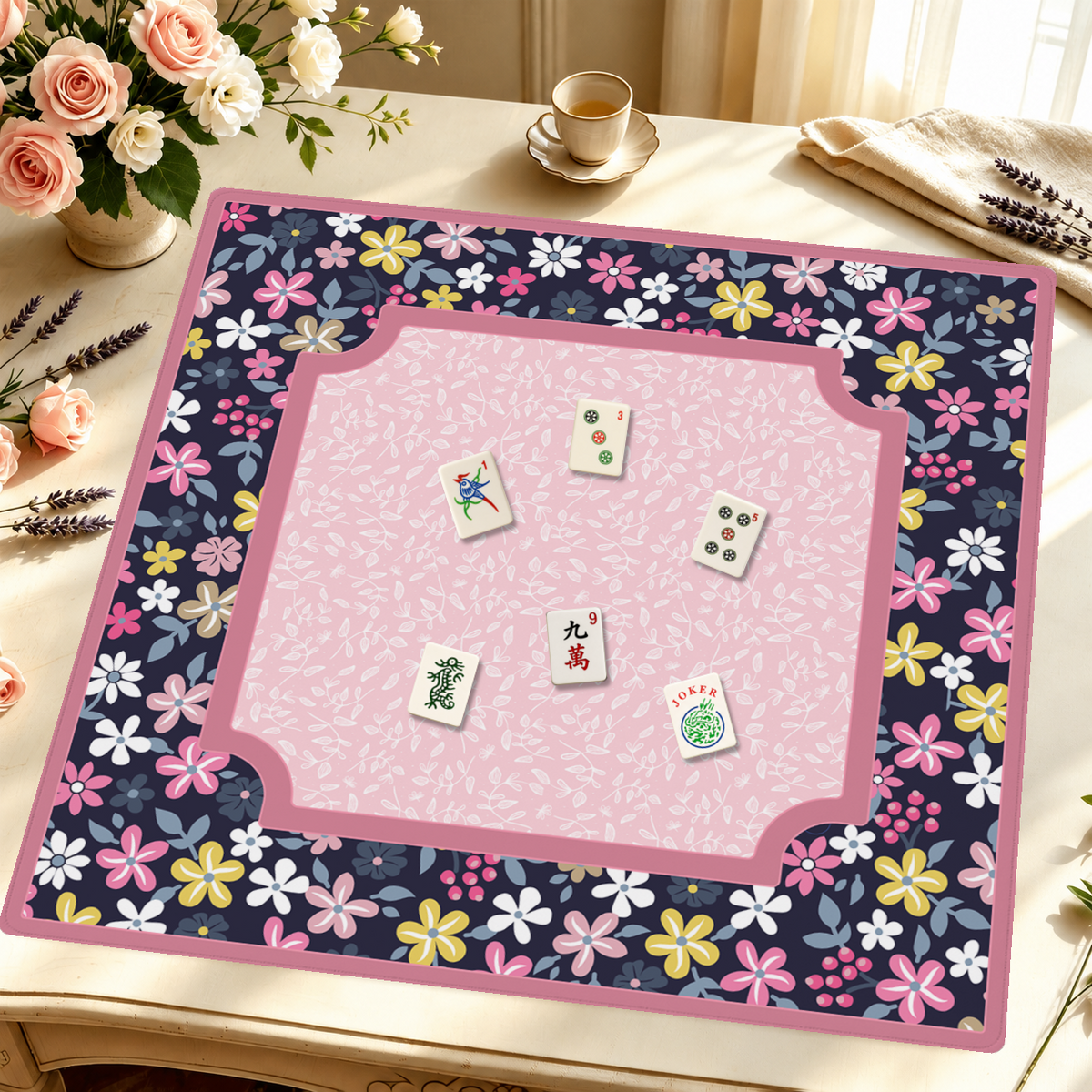 Mahjong by SI™ Midnight Meadow Muse | Pink Mahjong Mat