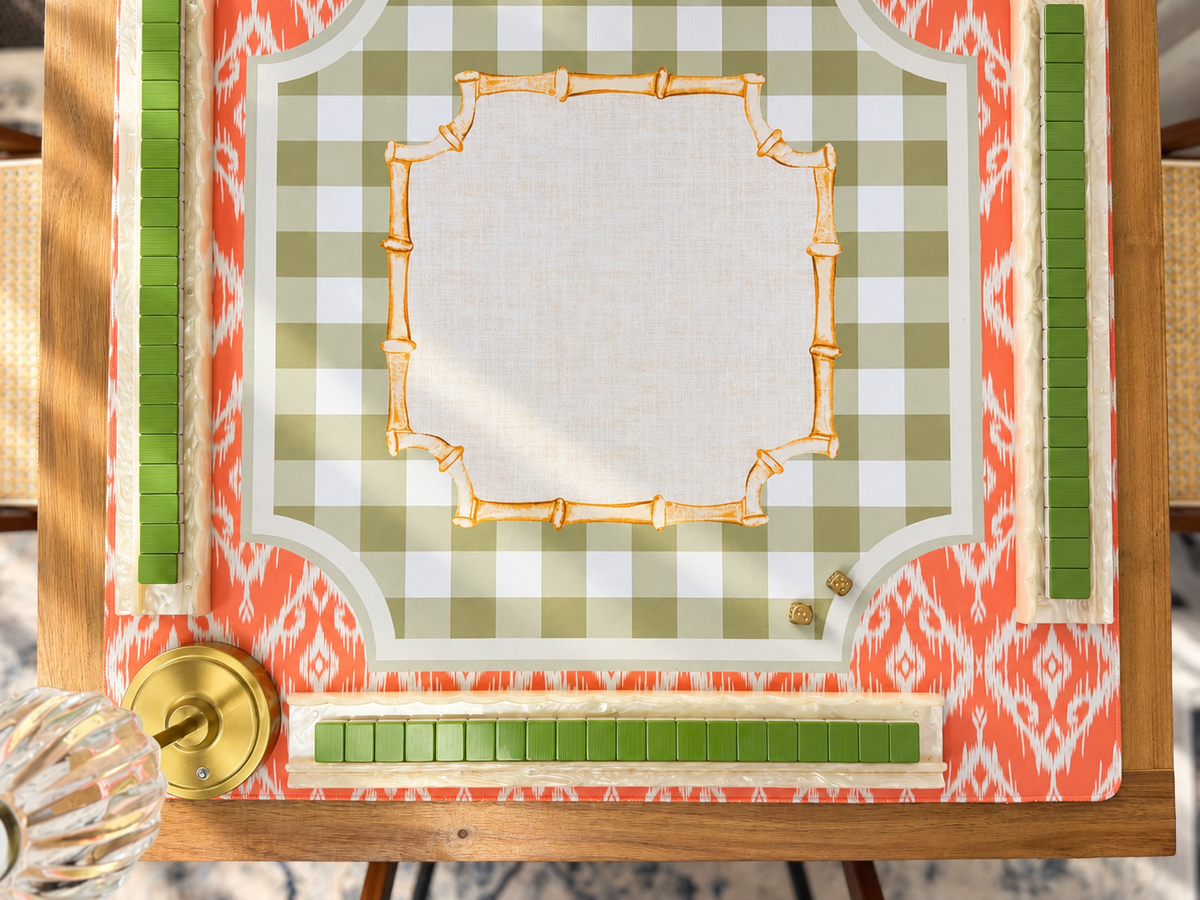 Fall mahjong mat in orange, olive green and gingham with green mahjong tiles