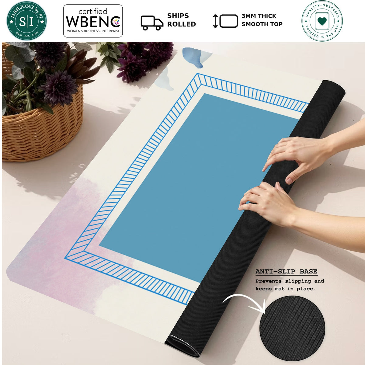 Mahjong by SI™ Mist Opportunity | Blue Mahjong Mat — Rolled Mat Feature Image [rolled-feature-square]