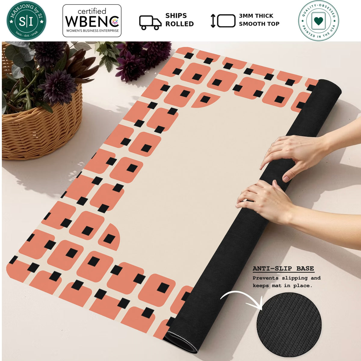 Mahjong by SI™ Peachy Keen Pixels Mahjong Mat — Rolled Mat Feature Image [rolled-feature-square]