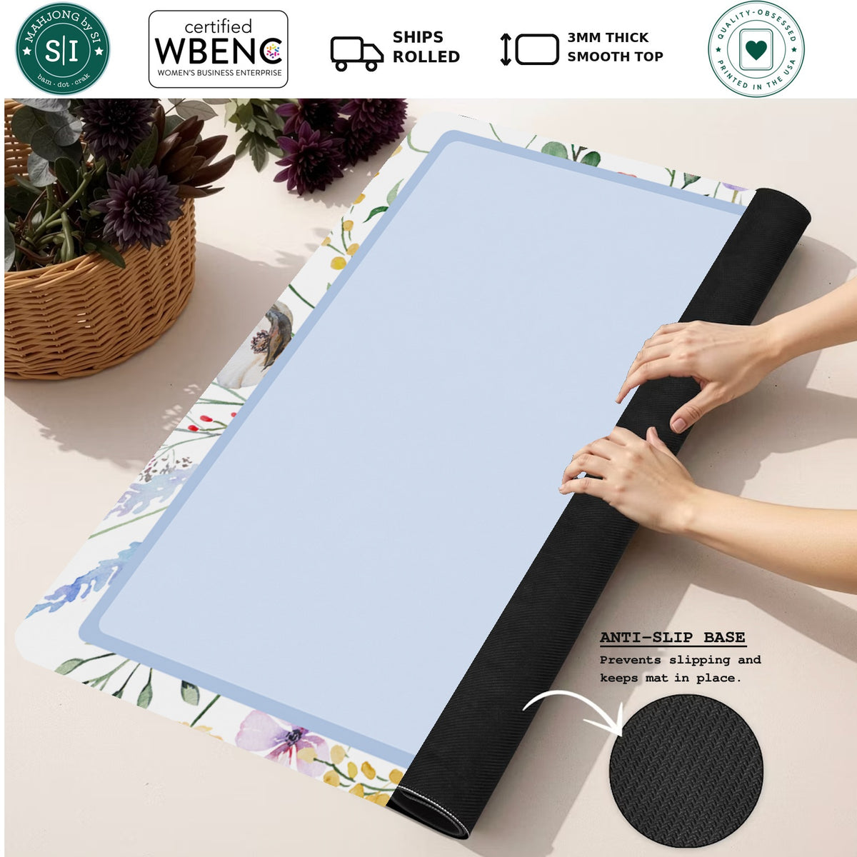 Mahjong by SI™ Petal Pushers Blue Border Mahjong Mat — Rolled Mat Feature Image [rolled-feature-square]