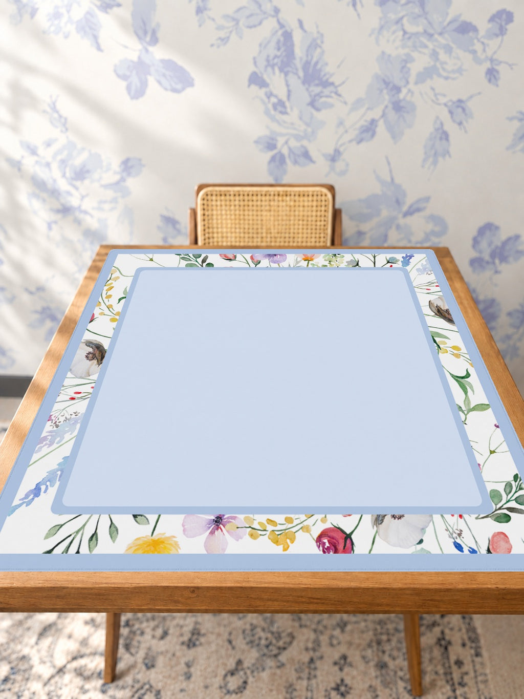 Mahjong by SI™ Petal Pushers Blue Border Mahjong Mat — Studio Table Angle [studio-angle-square]