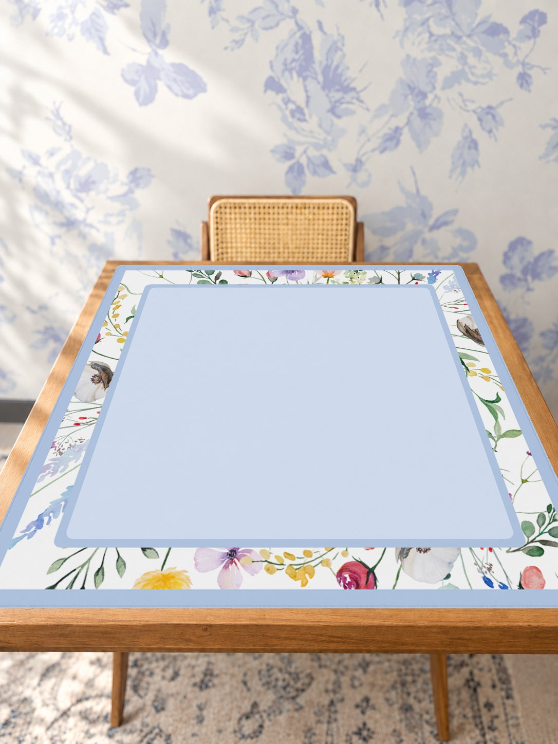Mahjong by SI™ Petal Pushers Blue Border Mahjong Mat — Studio Table Angle [studio-angle-square]