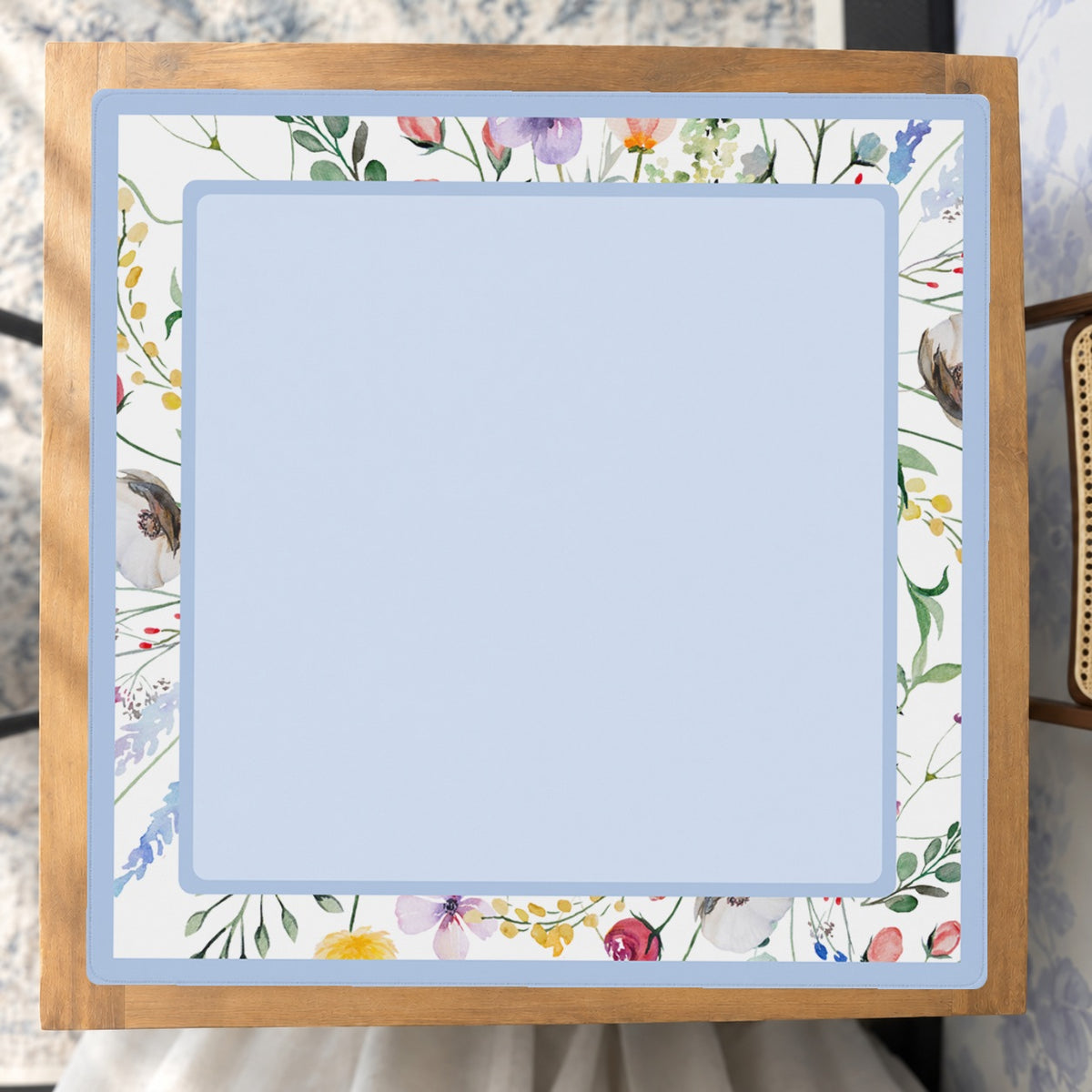 Mahjong by SI™ Petal Pushers Blue Border Mahjong Mat — Studio Overhead [studio-overhead-square]