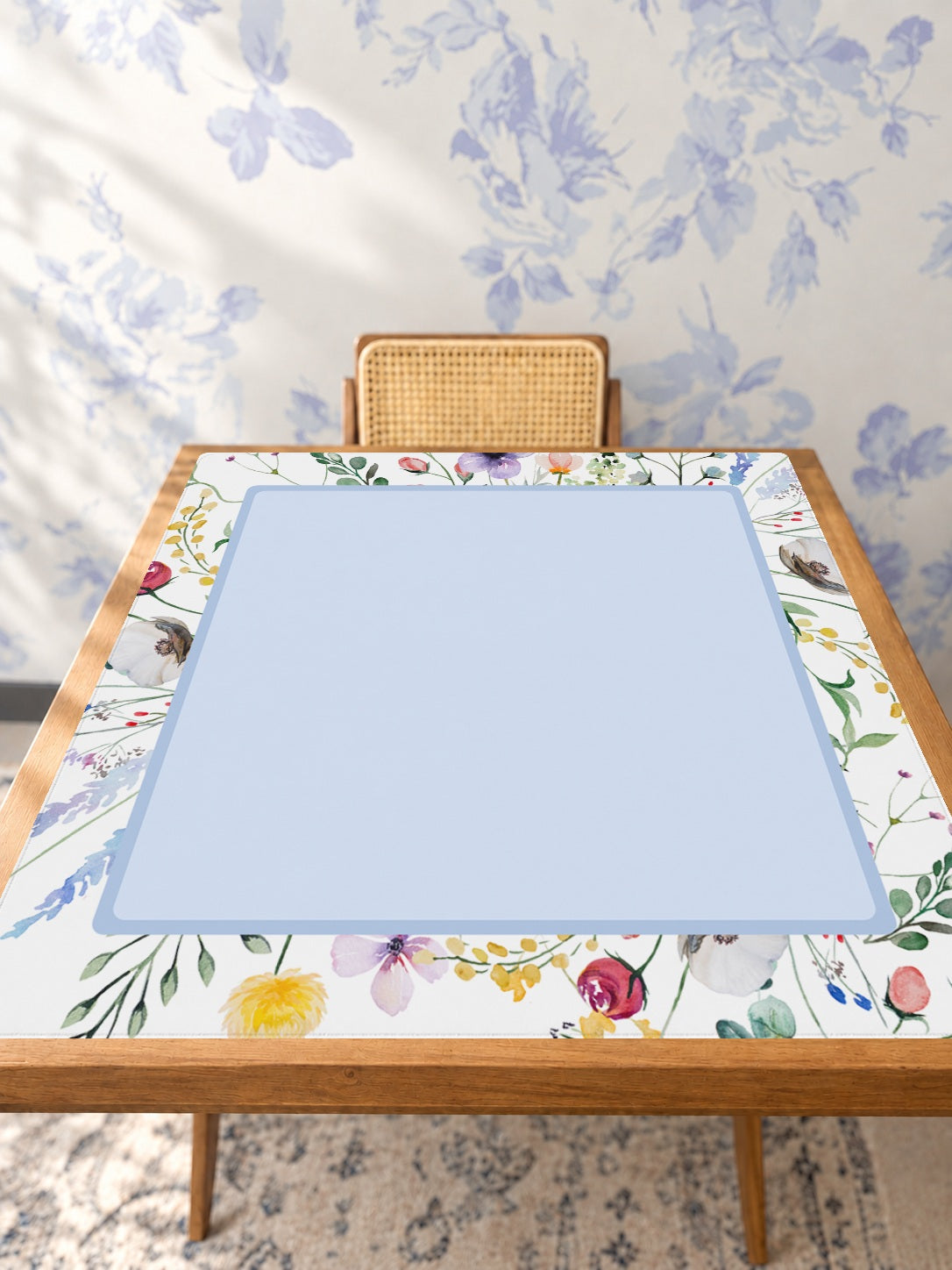 Mahjong by SI™ Petal Pushers Blue Square Mahjong Mat — Studio Table Angle [studio-angle-square]
