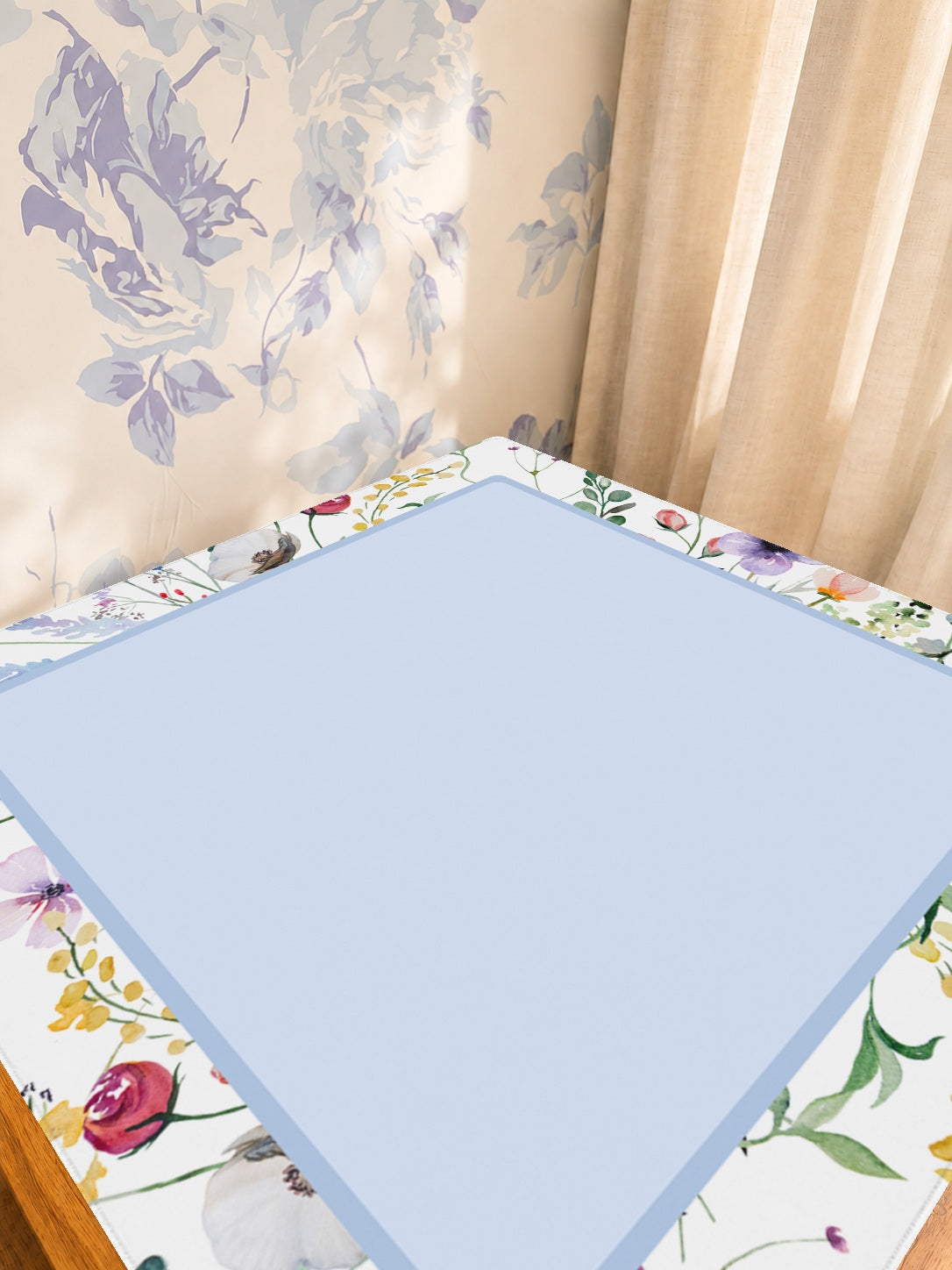 Mahjong by SI™ Petal Pushers Blue Square Mahjong Mat — Sunlit Detail [studio-detail-square]