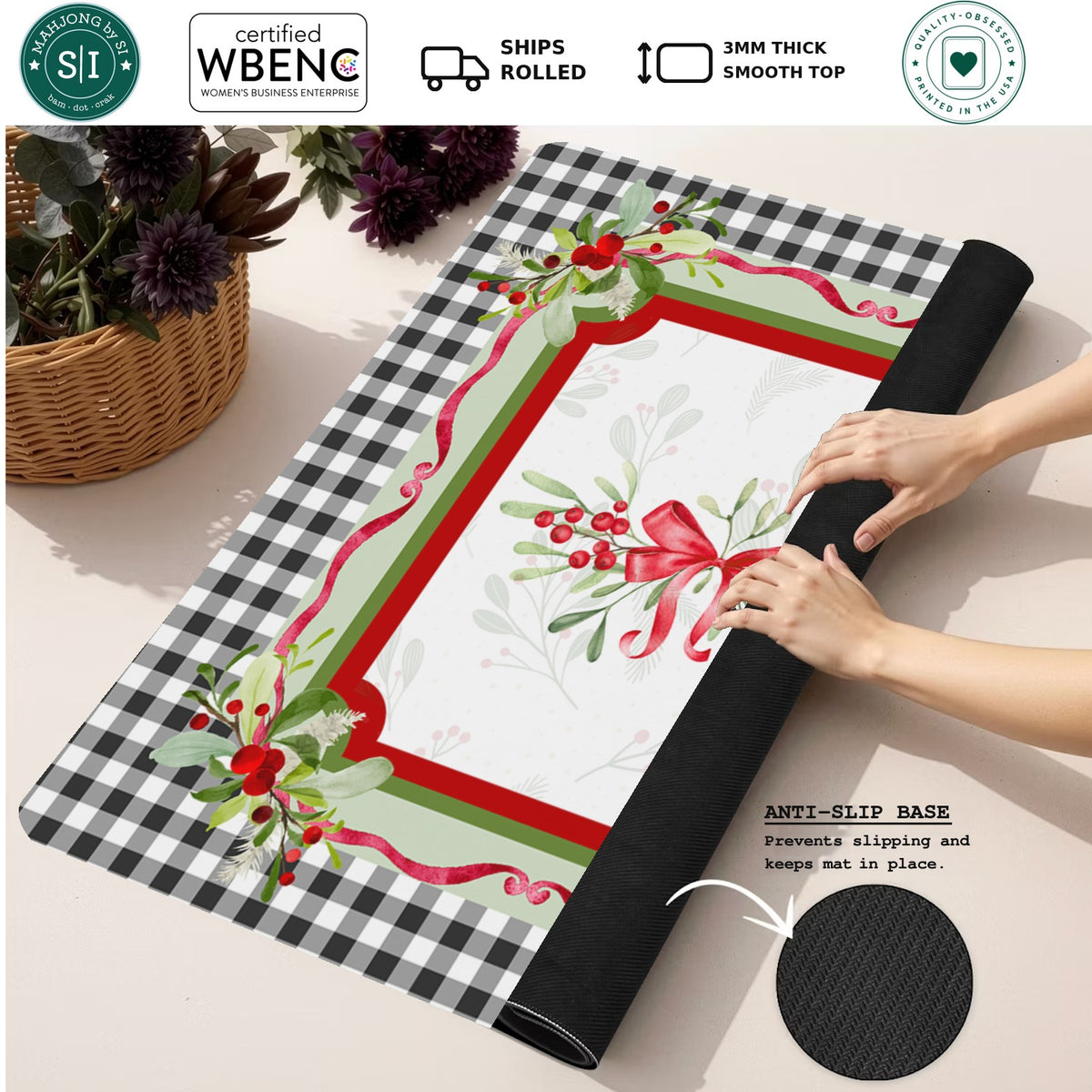 Mahjong by SI™ Plaid Tidings Mahjong Mat — Rolled Mat Feature Image [rolled-feature-square]