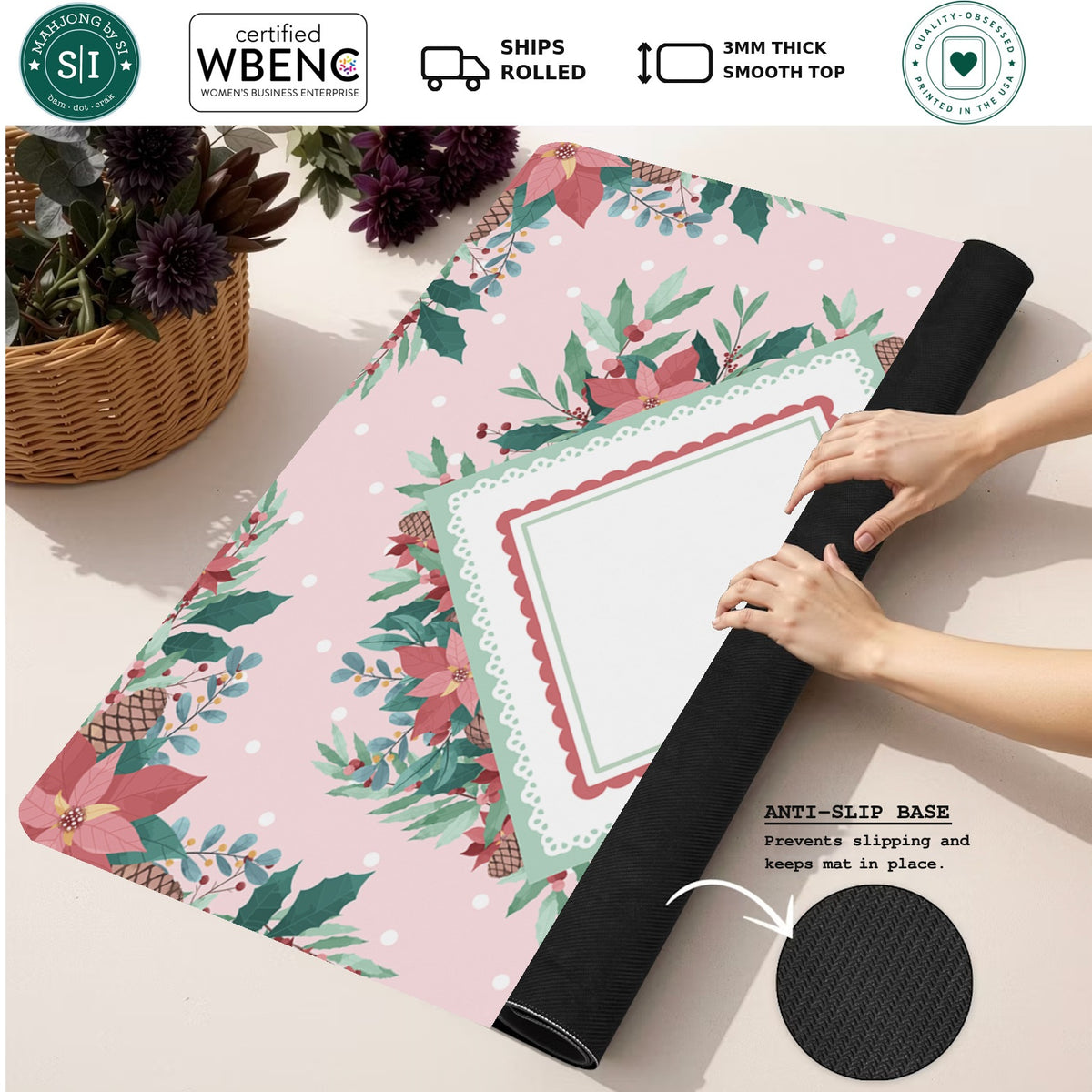 Mahjong by SI™ Poinsettia Paradise Mahjong Mat — Rolled Mat Feature Image [rolled-feature-square]