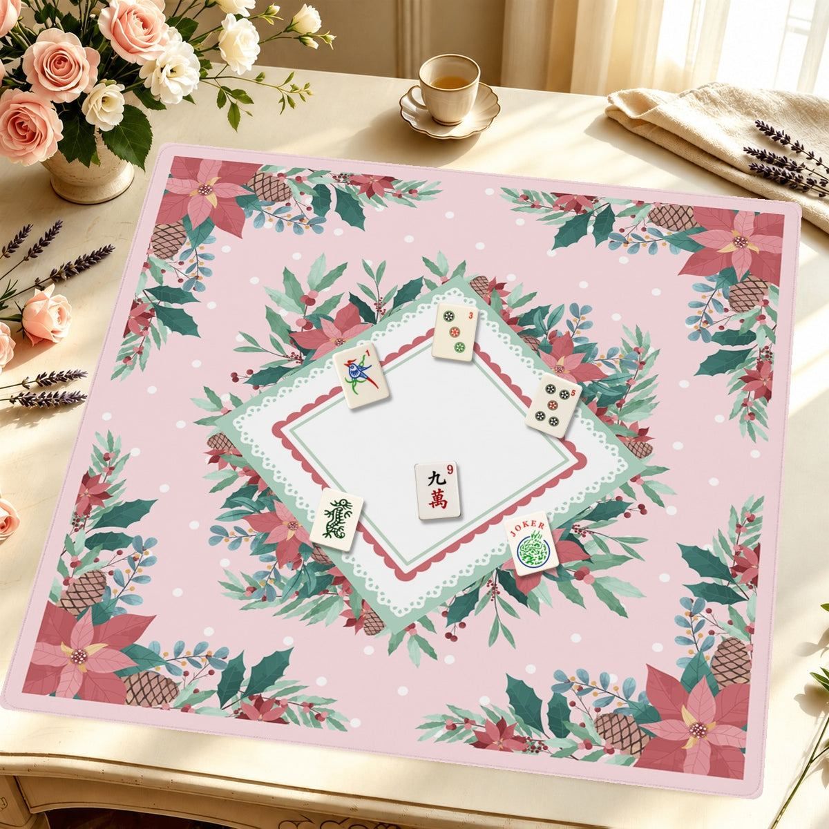 Mahjong by SI™ Poinsettia Paradise Mahjong Mat — Styled Tile Table [styled-tile-table-square]