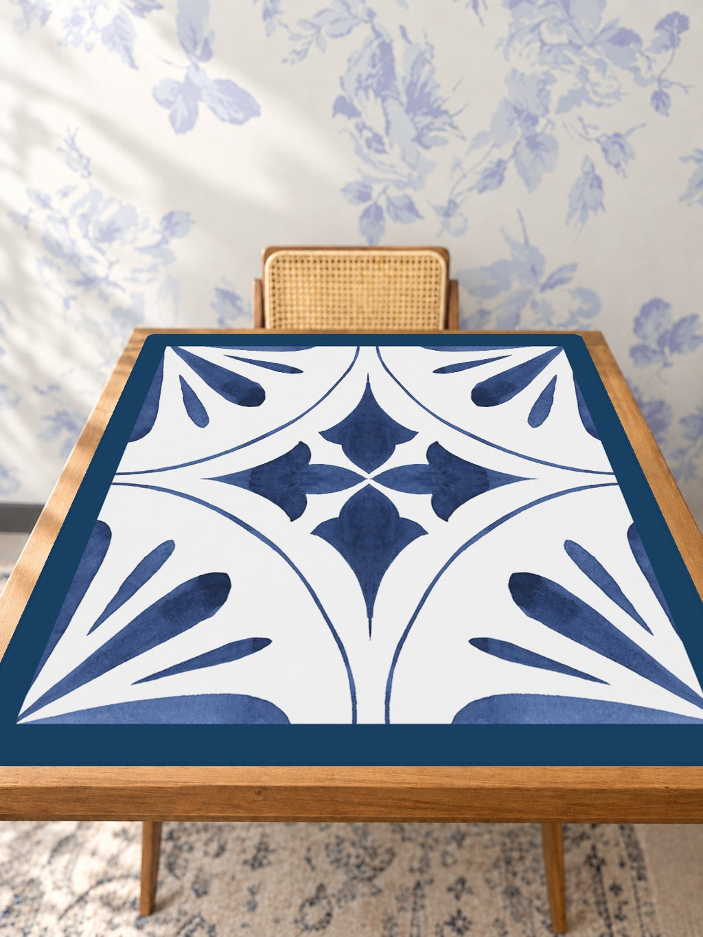 Mahjong by SI™ Point Taken Blue Mahjong Mat — Studio Table Angle [studio-angle-square]