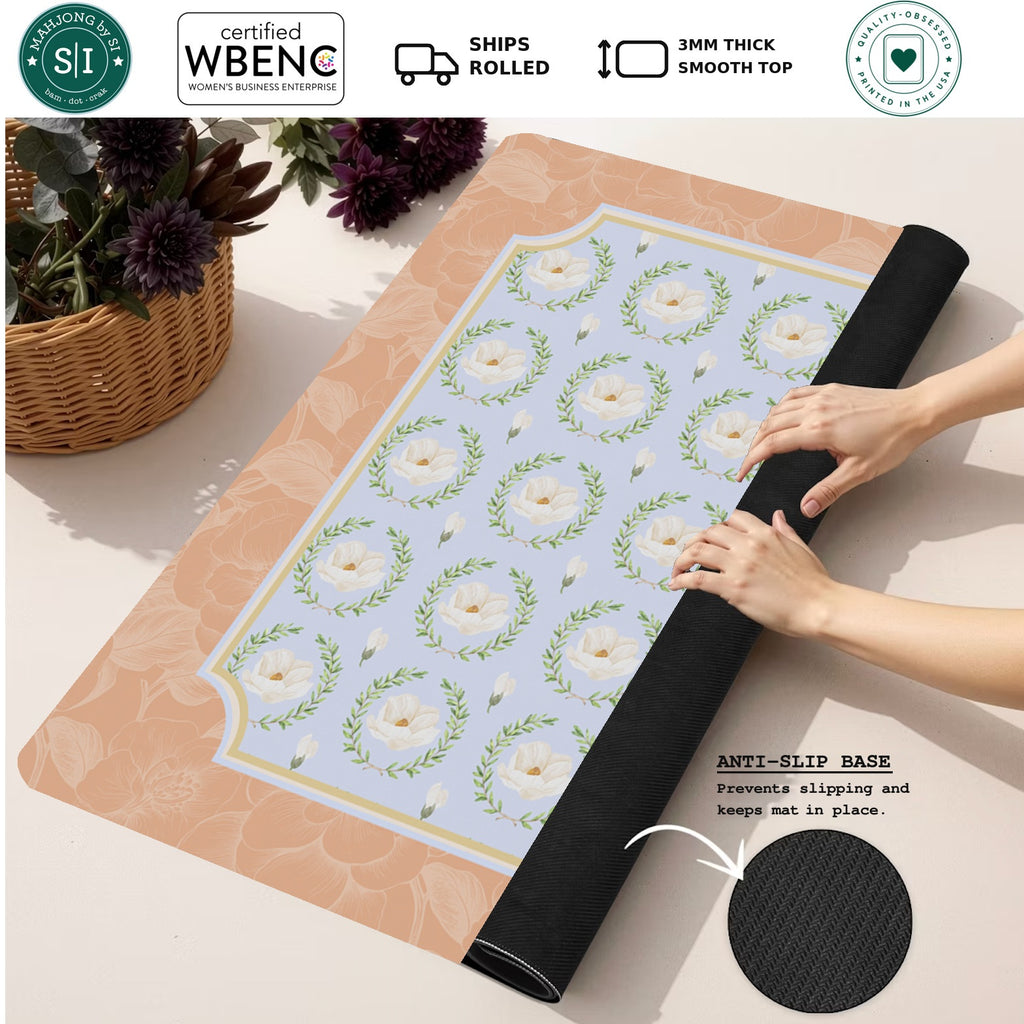 Mahjong by SI™ Porcelain & Peach Mahjong Mat — Rolled Mat Feature Image [rolled-feature-square]
