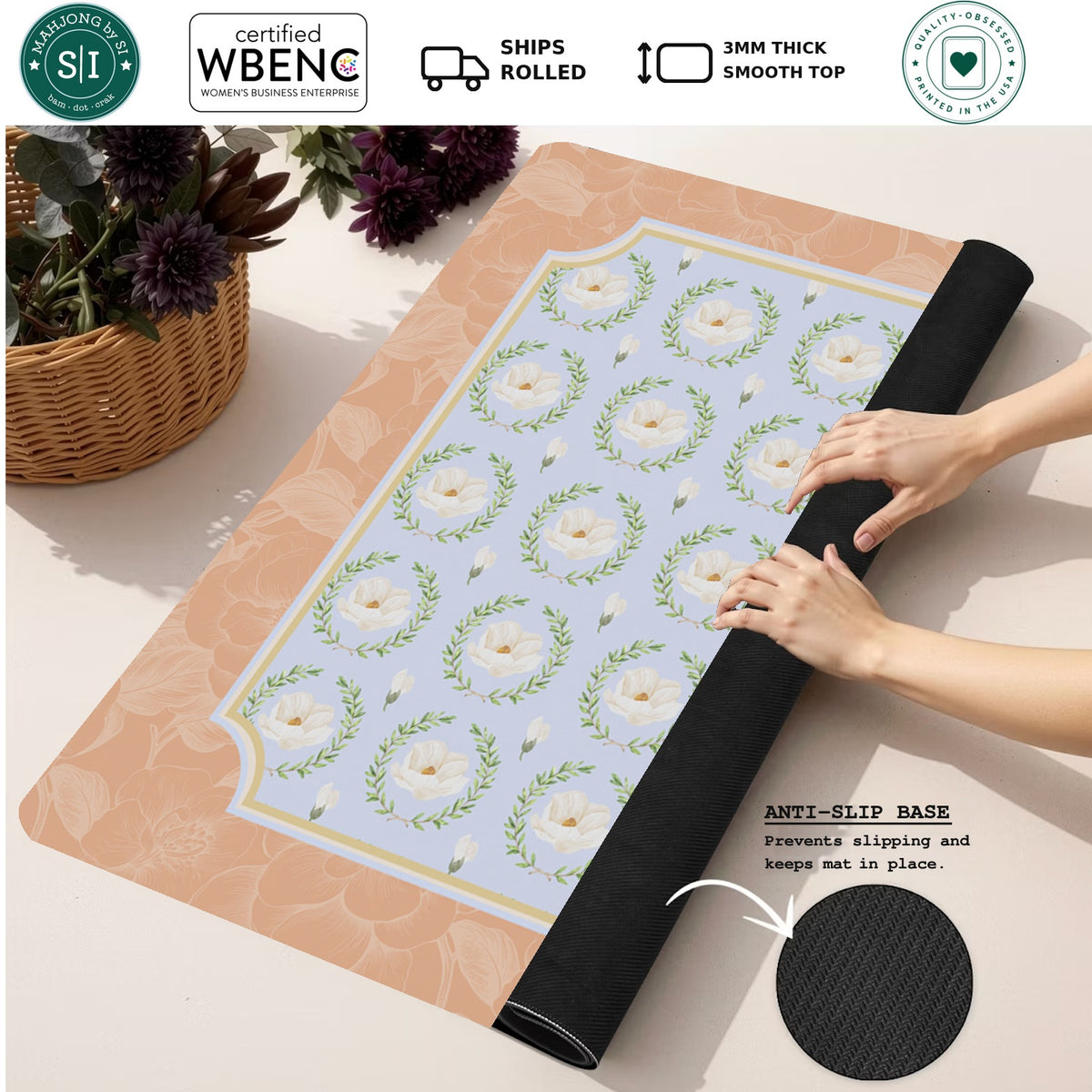 Mahjong by SI™ Porcelain & Peach Mahjong Mat — Rolled Mat Feature Image [rolled-feature-square]