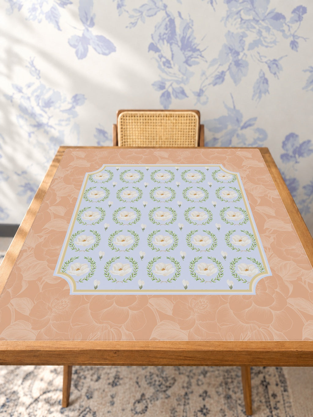 Mahjong by SI™ Porcelain & Peach Mahjong Mat — Studio Table Angle [studio-angle-square]