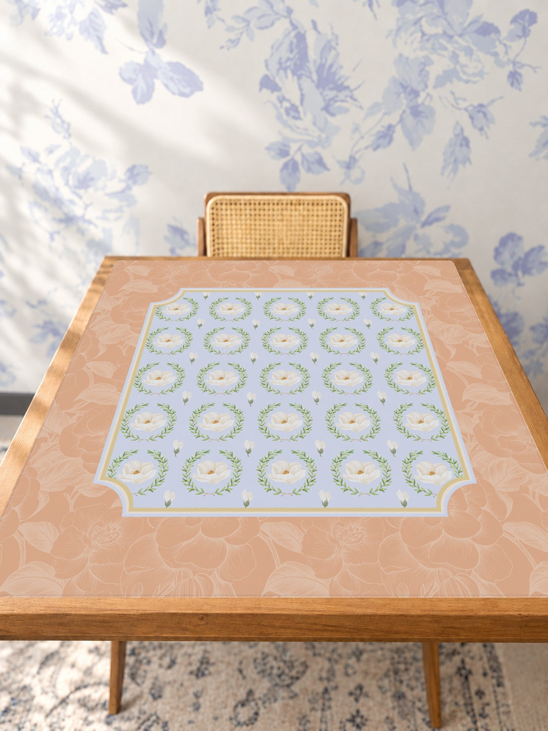 Mahjong by SI™ Porcelain & Peach Mahjong Mat — Studio Table Angle [studio-angle-square]