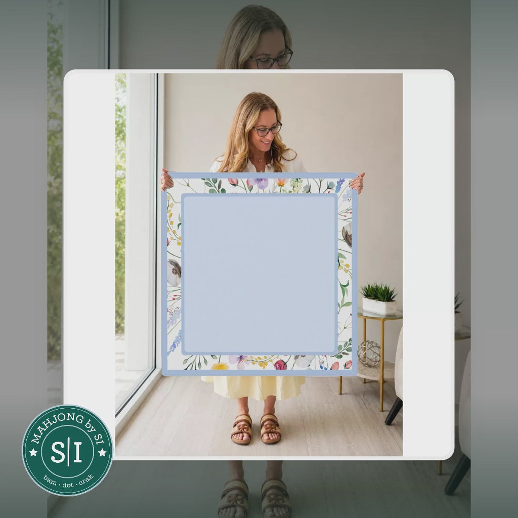 Mahjong by SI™ Petal Pushers Blue Border Mahjong Mat — lifestyle video (clear logo)