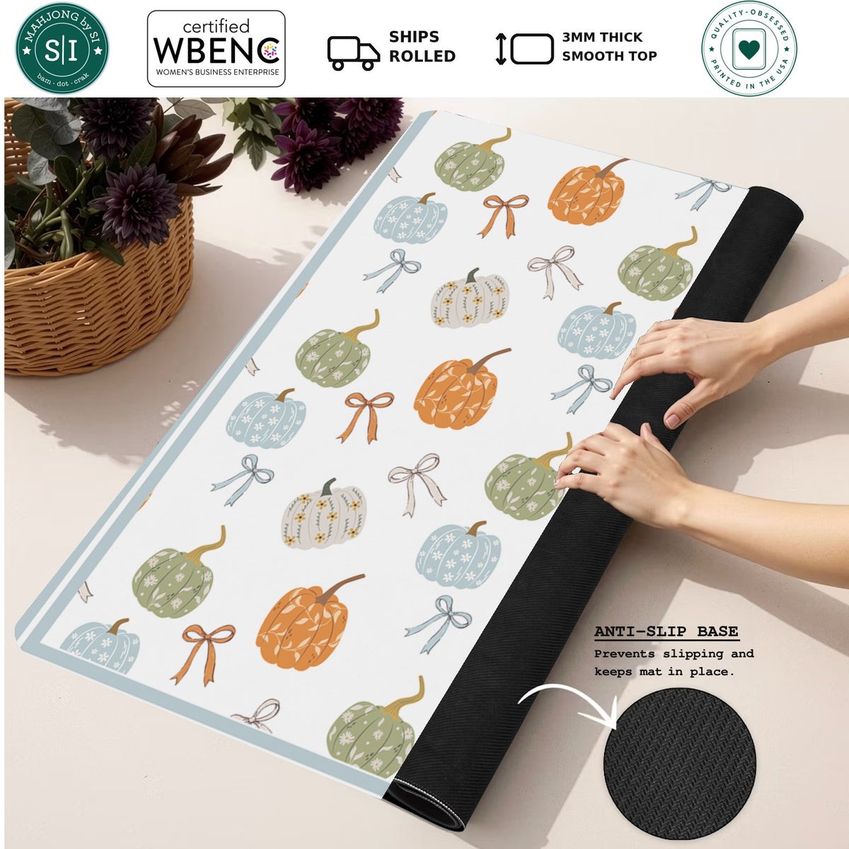 Mahjong by SI™ Pumpkin Posy Mahjong Mat — Rolled Mat Feature Image [rolled-feature-square]