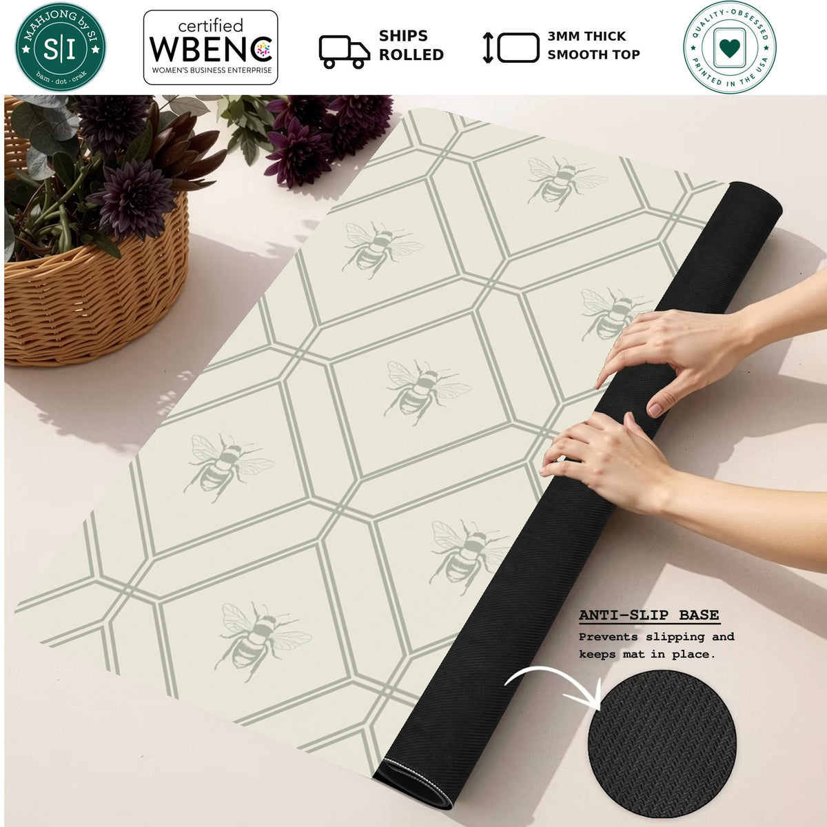 Mahjong by SI™ Queen Bee Trellis Mahjong Mat — Rolled Mat Feature Image [rolled-feature-square]