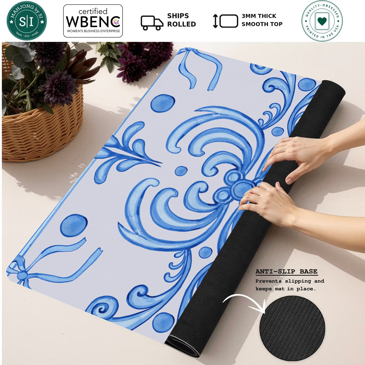 Mahjong by SI™ Ribbon Around | Blue Mahjong Mat — Rolled Mat Feature Image [rolled-feature-square]