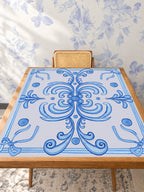 Mahjong by SI™ Ribbon Around | Blue Mahjong Mat — Studio Table Angle [studio-angle-square]