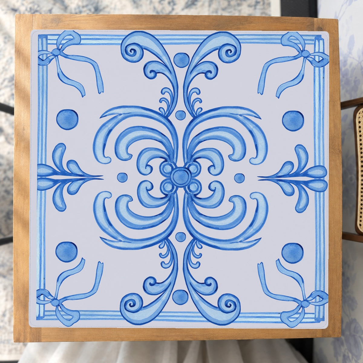 Mahjong by SI™ Ribbon Around | Blue Mahjong Mat — Studio Overhead [studio-overhead-square]